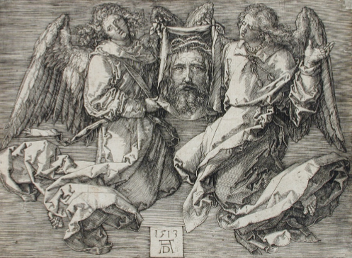 The Sudarium, Displayed by Two Angels, 1513, Albrecht Dürer (German, 1471 - 1528). Unframed: 10.2 × 14.3 cm (4 × 5 5/8 in.). Framed: 39.7 × 52.4 × 3.2 cm (15 5/8 × 20 5/8 × 1 1/4 in.). L.2018.147. Los Angeles County Museum of Art, Los Angeles County Fund. image: www.lacma.org